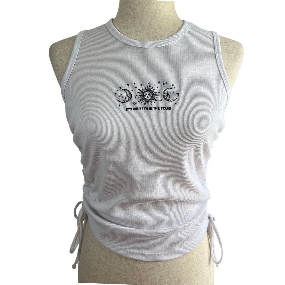 Faded Rose Womens Large Celestial Sun Moon Tank Top Ruched Side White Y2K